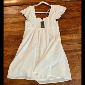 NWT ADORABLE WHITE LINED WOVEN DRESS WITH FLUTTER SLEEVES AND SMOCKED DETAILING